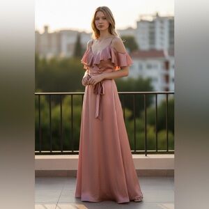 Lulus Mauve Pink Cold Shoulder Maxi Dress Ruffle Trim Women’s L Formal with tags